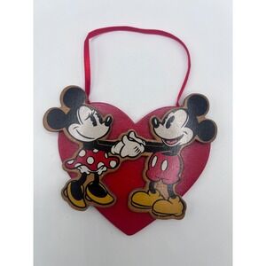 Vintage Disney Mickey And Minnie Mouse Wooden Heart Ornament Xmas Valentines Day